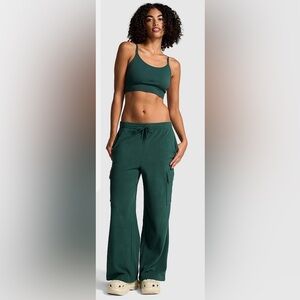 PINK Victoria’s Secret Deep Forest Green Fleece Wide Leg Cargo Joggers Sz M NWT